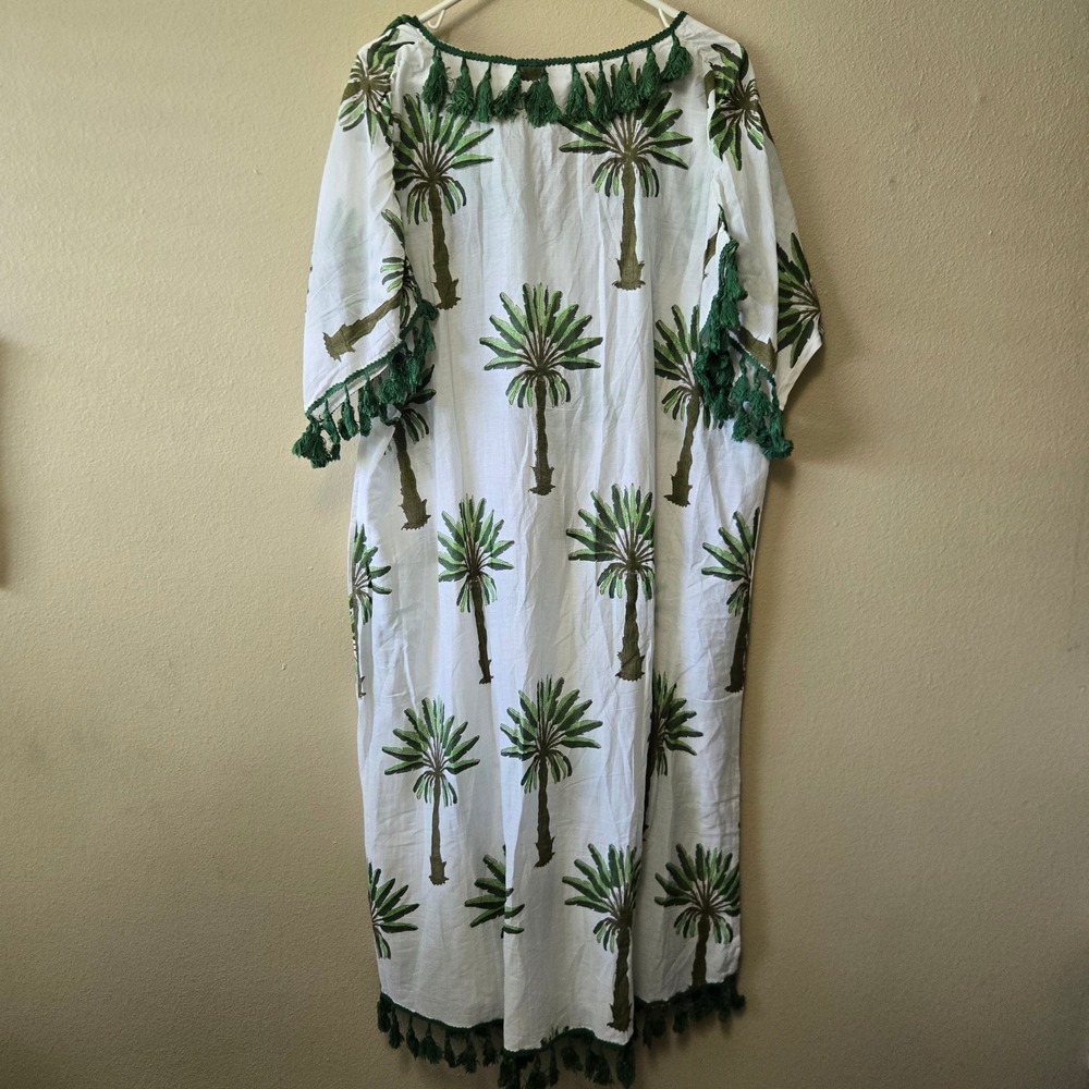Katie Kime Cotton Silk Palm Tree Kaftan Coverup Green White Tassel Trim One Size - Picture 5 of 9